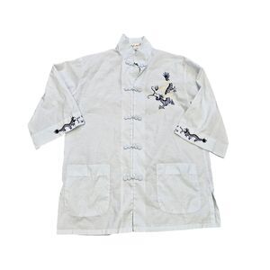 Vtg Chinese Kimono Top Womens L Blue Embroidered Dragons Pockets Short Sleeve